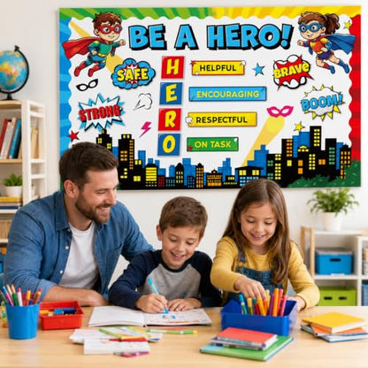 Hero Themed Mental Health Bulletin Board Set Super Themed Positive Classroom Decor Inspirational Heroes Sayings Cityscape Cutouts for Back to School Party Classroom Home Chalkboard Wall Door Decor - style: Be A Hero