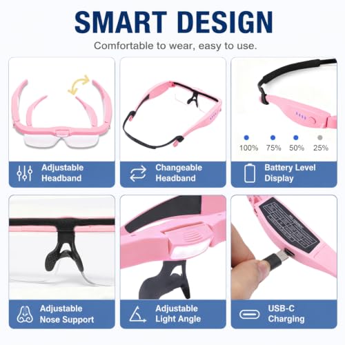 Professional Hands-Free Headset Magnifying Glasses with LED - color: Pink