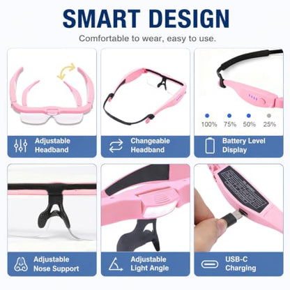 Professional Hands-Free Headset Magnifying Glasses with LED - color: Pink