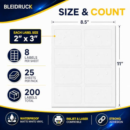 25 Sheets 2" x 3" Printable Matte White Rectangle 8up Waterproof Labels - size: 8up-25 sheets