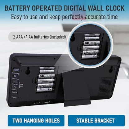TXL Atomic Clock with Backlight, 14.2" Large Digital Wall Clock Battery Operated, Digital Clock Large Display with Day, Date & Temperature, Large Wall Clock for Bedroom, Livingroom, Office - color: Black Atomic Backlight-14.2in