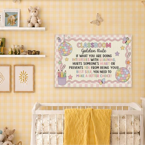 Retro Classroom Golden Rule Decor Canvas Wall Hanging Banner - color: 03-Classroom Golden Rule - Retro Disco