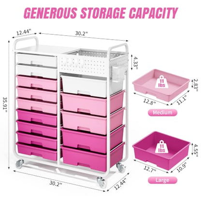 14 Drawer Rolling Storage Cart with Tabletop and Pegboard for Crafts Pink - color: Pink