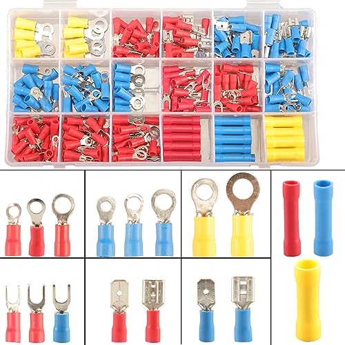 300pcs 18 Types Crimp Connectors, Ring Spade Fork Butt Wire Connectors Kit, 6.3mm Male and Female Spade Connector kit, Quick Disconnect Crimp Terminals Electrical Connectors, Electrical Terminals - size: 300pcs