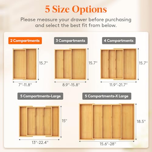 Lifewit Bamboo Utensil Organizer for Kitchen Drawer, Cooking Utensil Tray - color: Natural, size: 7~12'' W x 15.75'' D