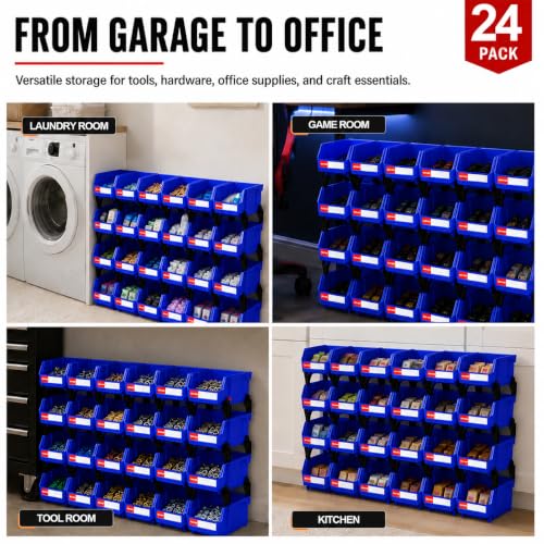 24 Pack Stackable Parts Bins, 5x4x3 in, Plastic Small Parts Organizer,Blue - color: Blue-24 Pack, size: 5"x4"x3"