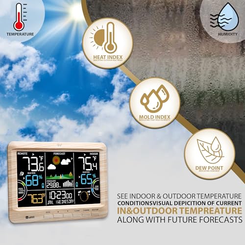 Weather Station Indoor Outdoor Thermometer Wireless Atomic Clock Wood - color: Multi