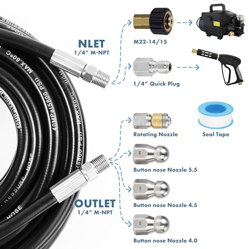 Twinkle Star 50FT Pressure Washer Hose, 1/4 Inch NPT - size: 50 FT Sewer Jetter Kit