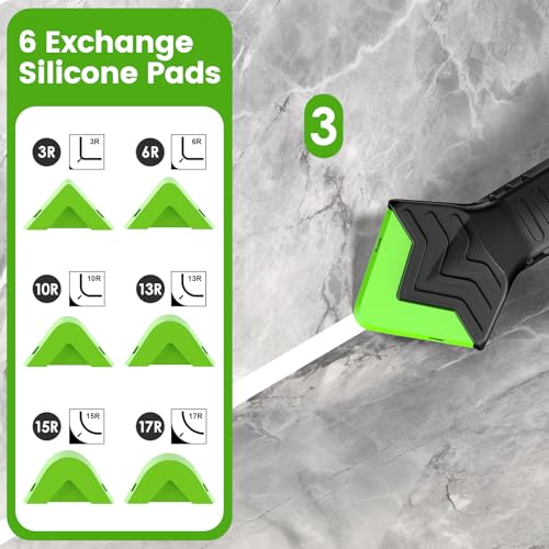 Goopreen 5 in 1 Caulking Tool Silicone Caulking Grout Removal Sealant Finishing Tool with Stainless Steel Head, 6 Replaceable Pads, Gap Seam Repair Kit for Kitchen Bathroom Sink Toilet Caulking - color: Green