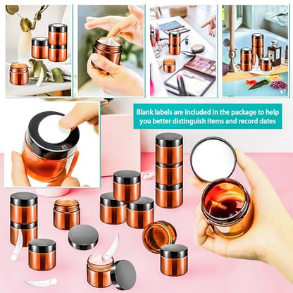 16 Pack 2oz Amber Plastic Jars, 60ml Empty Small Round Cosmetic Jars Refillable Makeup Containers Leakproof Travel Cosmetic Containers with Black Lids for Sample Cream Lotion Powder Ointment - color: Amber, size: 2oz