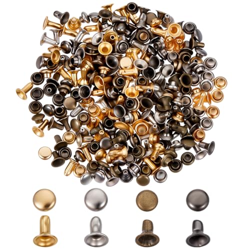 400Pcs Mini Rivet Studs Leather Rivets Brass Double Caps Leathercraft Rivet Tubular Metal Studs for Doll Clothes Sewing Purse Making Clothing Crafts 4 Metal Colors 4mm/0.16''