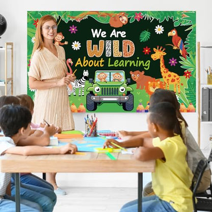 We are Wild About Learning Bulletin Board Set Jungle Animals Truck Classroom Decoration Safari Animal Forest Adventure Paper Cutouts for Teacher Back to School Chalkboard Wall Preschool Supplies - style: Safari Animal