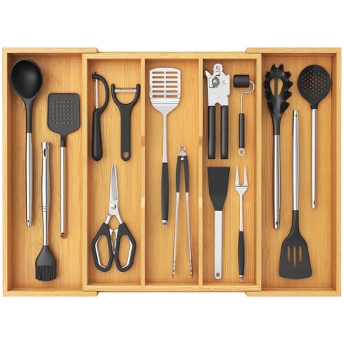 Lifewit Bamboo Utensil Organizer for Kitchen Drawer, Cooking Utensil Tray - color: Natural, size: 15.6~28''W x 18.5'' D