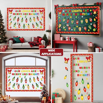 Christmas Bulletin Board Set Xmas Merry and Bright Classroom Decorations Light Bulb DIY Photo Paper Cutouts Winter Holiday Bulletin Board Border for School Wall Xmas Party Decor Teacher Supplies - style: Merry and Bright