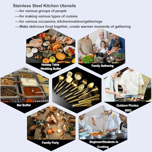 Gold Kitchen Cooking Utensils Set 13 PCS Stainless Steel 12-13.7" - color: Gold-13