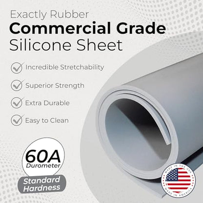 Exactly Rubber - Commercial Grade Silicone Sheet, 60A Durometer Silicone Mat, -80 to 450°F Temperature Resistant Rubber Mat, Rubber Sheet with 350% Elongation, Made in the USA, 1/16 x 12” x 36”, Grey - color: Grey, size: 1/16 x 12 x 36
