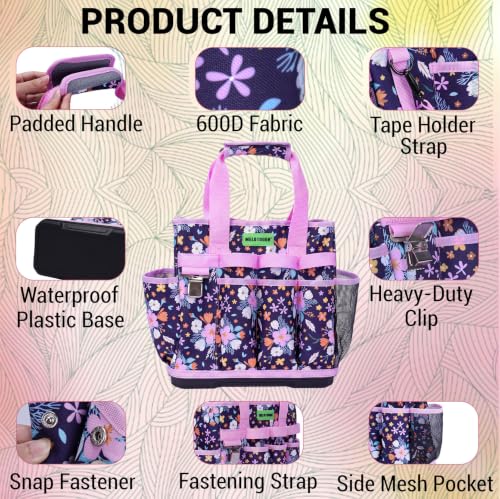 MELOTOUGH 12-Pocket Garden Tool Bag with Hard Bottom, Garden Tote, Purple - color: Purple Flower