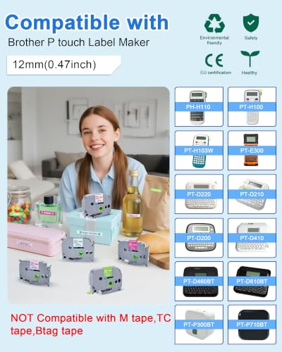 TITBIT 5Pack PTD210 PTD220 Label Maker Tape Compatible with Brother P Touch - color: White on Lime Green/Berry Pink,black on Pastel Purple/Blue/Pink