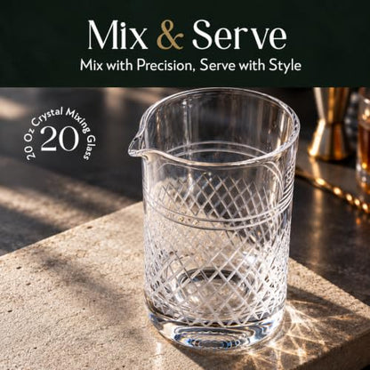 Barillio 20 Oz Crystal Cocktail Mixing Glass with Bamboo Stand & Bar Tools | Seamless Lead-Free Crystal, Weighted Base Stirring Pitcher | Including Muddler, Mixing Spoon, Jigger and Strainer - size: 7-Piece Set (20 oz)