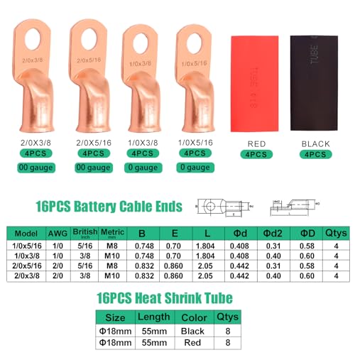 Twidec/32PCS Battery Cable Ends 1/0 AWG 2/0 AWG Heavy Duty Copper Lugs 0 Gauge 00 Gauge Copper Cable Wire Lugs,Coppers Ring Terminals 5/16" and 3/8" with Heat Shrink Tube - color: 32PCS