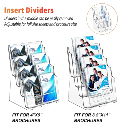 FUCDTEFC 2 Pack Acrylic Brochure Holder 8.5x11 & 4 x9 Inches, Clear 4 Tier Magazine Holder Brochure Display Stand w Removable Divider, Literature Pamphlet Flyer Holder for Wall Mount or Countertop - size: 2 Pack 4-Tier Brochure Holder