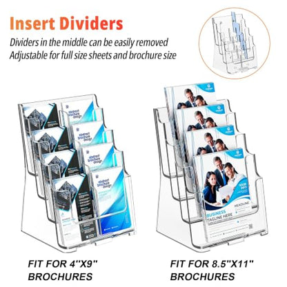 FUCDTEFC 2 Pack Acrylic Brochure Holder 8.5x11 & 4 x9 Inches, Clear 4 Tier Magazine Holder Brochure Display Stand w Removable Divider, Literature Pamphlet Flyer Holder for Wall Mount or Countertop - size: 2 Pack 4-Tier Brochure Holder