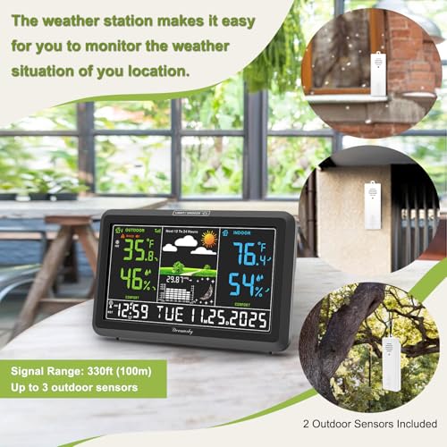 DreamSky Weather Station Indoor Outdoor Thermometer Wireless, Atomic Clock - color: Black with 2 sensors