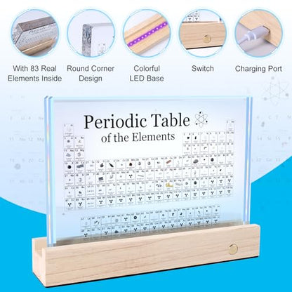 Rafecs Periodic Table with Real Elements Inside, Large Acrylic Periodic Table of Elements with 83 Real Samples and 7 Colorful LED Lights, Chemistry Gifts for Students, Kids, Teacher and Science Lovers