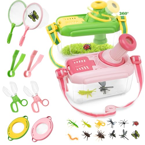 Bug Catcher Kit for Kids - Outdoor Explorer Kit Insect Catching Toys Nature Adventure Set for Boys 3 4 5 6 7 8 Year Old(Green & Pink)