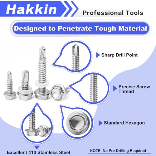 470Pcs Self Tapping Screws for Metal #8#10#14, Hakkin 410 Stainless Steel Self Drilling Screws Assortment Kit, Hex Washer Head Sheet Metal Screws Kit, Tek Screws 1/2" 3/4" 1" 1-1/2", Socket Included - size: N. #8#10#14
