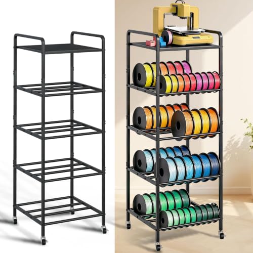 3D Printer Filament Storage Rack with Wheels, 5-Tier Metal 2 Rows Filament Shelf for PLA/TPU/ABS/ASA/Nylon, 3D Printing Accessories Organizer with Storage Board for Workshop Garage Office Tire Rack