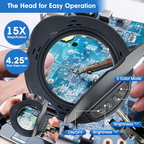 15X HD Magnifying Glass with Light, Hands-Free Desk Magnifier with 2-in-1 Base & Clamp, Adjustable Swing Arm, 5 Color Modes, 10 Brightness Levels for Reading, Crafts, Sewing & Nail Art - style: Clamp+Stand【UPGRADE】