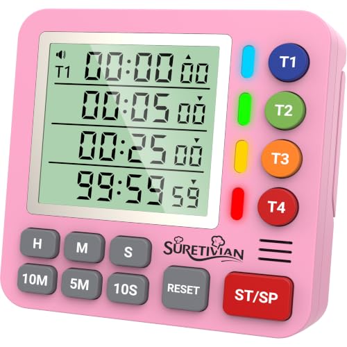 Digital Kitchen Timer with 4 Channel, Loud Alarm and Silent Mode - color: Pink