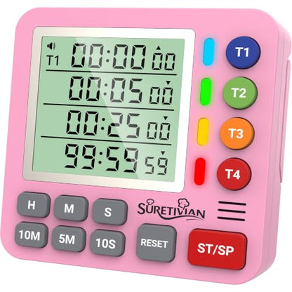 Digital Kitchen Timer with 4 Channel, Loud Alarm and Silent Mode - color: Pink