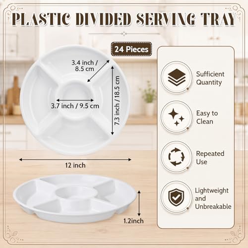 24 Pcs 5 Compartment Divided Serving Trays Plastic,White - color: White
