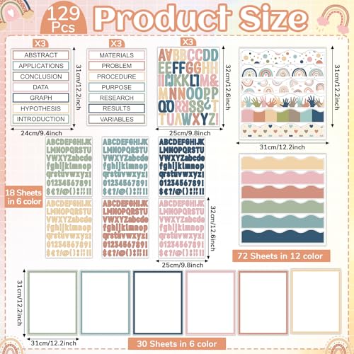 129Pcs Boho Science Fair Board Supplies Includes Self Adhesive Science Fair Project Titles Subtitles Presentation Bulletin Border Letter Stickers Trim Scalloped Bulletin Borders for Classroom Office - style: Bohemian