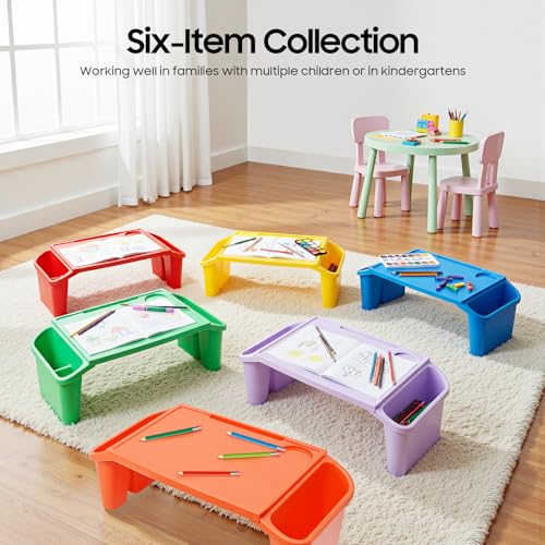 Portable Lap Bed Table, 6 Pcs Lap Desk Tray, with Side Pockets, Stackable Activity Table, Stackable Bed Table, Breakfast Laptop Trays for Drawing Writing Eating Game Classroom (Six Colors