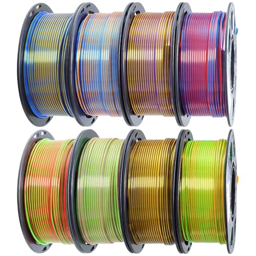 MIKA3D 3D Printing Dual Color in 1 Silk PLA Filament 8 Spools Bundle, 1.75mm Dual Color Shiny Coextrusion PLA Filament, 8 Most Popular Dual Color in 1 PLA Mixed, 0.25kg/Spool, Total 2kg - color: Silk Black Purple; Purple Gold, Gold Red, Black White, Black