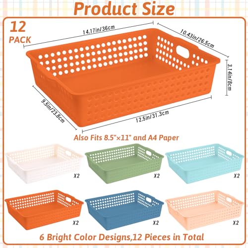 12 Pcs Plastic Classroom Storage Basket Bulk 14 x 10 In Turn in Paper Trays for Classroom A4 Size Colorful Storage Organizer Bin with Handles Stackable Container for Playroom Home Office School Supply - color: 6 Macaron color