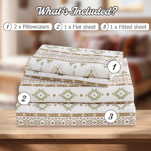 CozySmile 4 Pieces King Sheet Set Bohemian, Boho Sheets Soft Microfiber Deep Pocket, Western Sheets Geometric(King, Cream Olive Geometric) - color: B-cream Olive Geometric, size: King