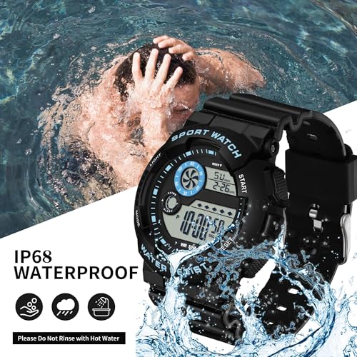 findtime Digital Watch Womens Sport Waterproof White Wrist Watches for Women with Alarm Stopwatch Hourly Chime LED Display 12H/24H Calendar - color: Black Blue