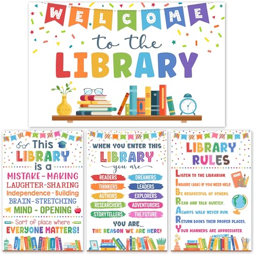 Lalunia 4 Pcs Library Rules Poster (11"x16") - Classroom Library Decorations for Librarian, Media Room, Back to School Educational Posters, Library Bulletin Board Sets, Reading Corner Decor - color: Library