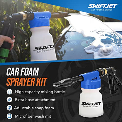 SwiftJet Car Wash Foam Gun + Wash Mitt - Works with Any Soap & Garden Hose - color: Blue Foam Gun with Mitt