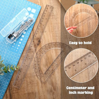 Zonon 3 Pcs 12" Clear Plastic Ruler 6 Inch Protractor Compass Set, Clear - color: Clear, size: 12 Inch
