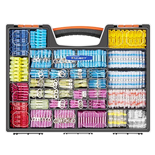 Kuject Ultimate Heat Shrink Wire Connectors, 1500PCS Waterproof Electrical Spade Connectors kit, Insulated Crimp Ring Fork Spade Terminal T-Tap Solder Butt Splice Connector for Marine Boat Truck