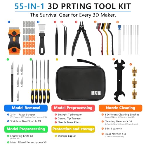 3D Printer Tools Kit, 55PCS 3D Printer Accessories & 3D Printing Tools Kit with Nozzle Cleaner Needles, Scraper, Files, Brushes, Wrench, Engraving Knife for FDM SLA Printers, for Bambu Lab, etc.