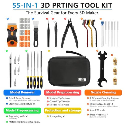 3D Printer Tools Kit, 55PCS 3D Printer Accessories & 3D Printing Tools Kit with Nozzle Cleaner Needles, Scraper, Files, Brushes, Wrench, Engraving Knife for FDM SLA Printers, for Bambu Lab, etc.