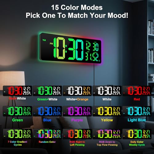 17.3"Large Digital Wall Clock 15 Color Modes Display 8 Color Night Light - color: Black