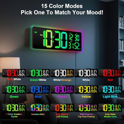 17.3"Large Digital Wall Clock 15 Color Modes Display 8 Color Night Light - color: Black