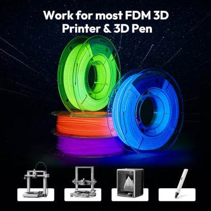 AMOLEN Silk Glow in the Dark Filament Multicolor, Glow Filament Silk Green, Blue, Purple, Orange Red 1.75mm PLA Filament, Dimensional Accuracy +/- 0.02 mm, 200g X 4 Pack - color: Blue/Green/Orange Red/Purple